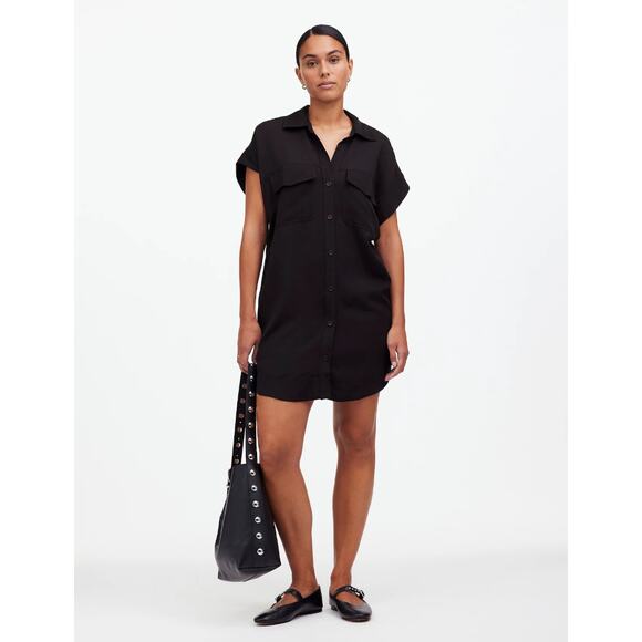 Madewell Utility Button Front Mini Dress Black Linen Blend Relaxed Pockets S NWT - Picture 1 of 15